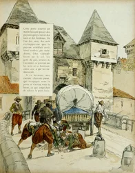 Niespodzianka Amiensa. Hiszpanie podstępem zajęli miasto Amiens 11 marca 1597 r., blokując bronę wózkiem. Ilustracja, 1907, Hermann Vogel