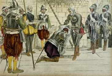 Karol II Cosse Brissac (Cosse-Brissac) (1562-1621 lub 1626) został marszałkiem Francji przez Henryka IV (1553-1610) przed wkroczeniem do Paryża 22 marca 1594 roku. Stojący obok przewładca kupców Jean Lhuillier (?) trzyma klucze miasta. Ilustracja 1907