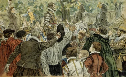 Henryk de Guise (1549-1588), przywódca Ligi Katolickiej, oklaskiwany przez paryżan po Dniu Barykad (12 maja 1588). Ilustracja z 1907 roku autorstwa Hermanna Vogela (1856-1918). Kolekcja prywatna.