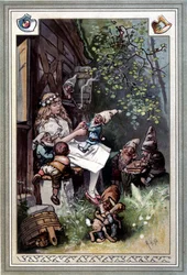 Kinder und hausmarchen (Opowieść o dzieciństwie i domu) (1812): bajki braci Grimm. Okładka Hermanna Vogla 1894 przedstawiająca Królewnę Śnieżkę i siedmiu krasnoludków.