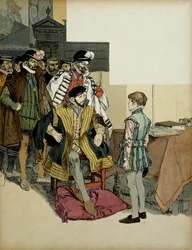 Król Francji Henryk II (1519-1559) w otoczeniu swoich dżentelmenów lubi kwestionować Henryka IV (1553-1610) jako dziecko o jego powroty. Ilustracja Hermanna Vogla (1856-1918) w „”Henri IV””