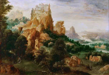 Krajobraz z przypowieścią o dobrym Samarytaninie - Krajobraz z przypowieścią o dobrym Samarytaninie - Henri de Herri met de Bles (1510-1550). Olej na drewnie, ok. 1540. Rozmiar: 29x42cm. Muzeum Historii Sztuki, Wiedeń