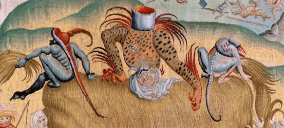 Flamandzki gobelin. Seria Cztery arrasy według Hieronima Boscha. Utrapienia ludzkiego życia (Tribulaciones de la vida humana). Trzeci gobelin w serii. Model Zainspirowany twórczością Hieronima Boscha. Manufaktura Nieznany warsztat, Bruksela. przed 1560