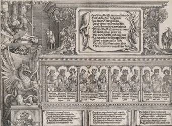 Część górna portalu prawego z napisem na skórze jelenia, fryz z ..., 1515.