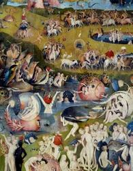 Mężczyźni i kobiety rozkoszujący się uciechami Ziemi. Fragment części środkowej tryptyku „Ogród rozkoszy ziemskich” Hieronymusa van Aekena, zwanego Hieronimem Boschem (1450-1516)