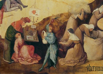 Wyciągacz zębów, dudziarz i zbieracze drewna, fragment środkowego panelu Tryptyku na Haywain, ok. 1515 (detal 3429)