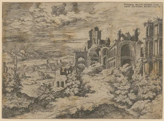 Ruiny Pałacu Palatyńskiego z panoramą krajobrazu, arkusz 3 z serii „Praecipua aliquot Romanae Antiquitatis Ruinarum Monimenta [...]”