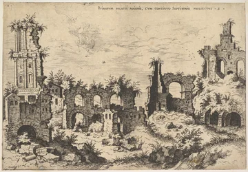Widok ruin na Wzgórzu Palatyńskim z trabeowaną fasadą po lewej i arkadami pośrodku, fr..., 1550.