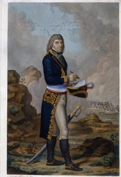 Portret cesarza Napoleona Bonaparte (1769-1821). (Portret cesarza Napoleona Bonaparte). Dzieło Hilaire Ledru (1769-1840), rycina kolorowana akwarelą, ok. 1810 r. Sztuka francuska