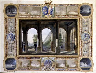 Palais Royal, Paryż, otoczony winietami z dziecięcych rezydencji Karola Ferdynanda, księcia de Berry (1778-1820) i jego żony Marii Caroline de Bourbon (akwarela na papierze)