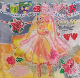 Wróżka z sercami i kwiatami, 2006 (barwniki na jedwabiu)