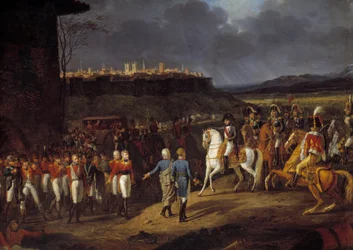Kampania hiszpańska: „”Cesarz Napoleon I został wprowadzony do Astorgi w Hiszpanii, jeńców angielskich i nakazał traktować ich ze szczególną troską, styczeń 1809” Szczegół. Obraz Hippolyte