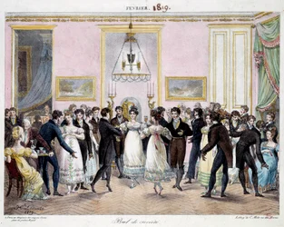 Bal Societe w Paryżu w magazynie kredek Conte, place du palais royal w lutym 1819 Litografia autorstwa Hippolyte Lecomte (1781-1857) 1819. Paryż, Musee Carnavalet