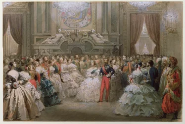 Królowa Wiktoria (1819-1901) i książę Albert (1819-61) na uroczystej kolacji wydanej przez Napoleona III i Eugenię, 1853 (wc na papierze)