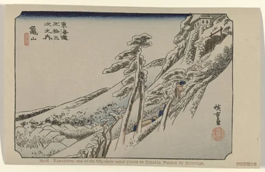 Kamejama Nr 47. Kaweyawa: jedno z pięćdziesięciu trzech odnotowanych miejsc na Tokaido, namalowane przez Hiroshige (tytuł na obiekcie) De Tôkaido van Hiroshige (tytuł serii) Hiroshige no fude Tôkaidô (tytuł serii na obiekcie)