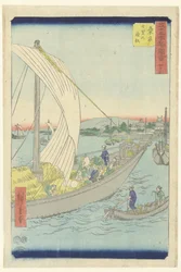 Kuwana, de veerboot vanuit Shichiri Kuwana Shichiri no watashibune (tytuł na obiekcie) Beroemde gezichten op de 53 stacje (tytuł serii) Gojusan tsugi meisho zue (tytuł serii na obiekcie)