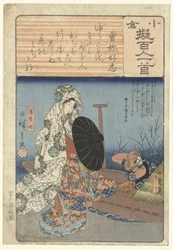 Usuyukihime promem Sone no Yoshitada (tytuł na obiekcie) Papier ozdobny opisany według stu poetów (tytuł serii) Ogura nazorae Hyakunin isshu (tytuł serii na obiekcie)