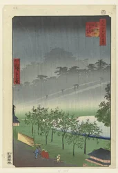 Wieczorny deszcz w kamieniołomie Paulownia w Akasaka Akasaka kiribatake uchu sekikei (tytuł na obiekcie) Sto słynnych twarzy na Edo (tytuł serii) Meisho Edo hyakkei (tytuł serii na obiekcie)