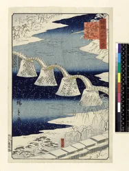 Most Kintai na śniegu, z serii „Shokoku Meisho Hyakkei”, (ręcznie barwiony drzeworyt)