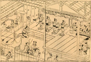 Przedstawienie Kabuki w korycie rzeki Shijo, 1658, 1924.