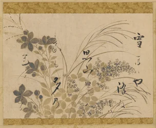 Kwiaty, trawy i wiersz, okres Edo, 1615-1637.