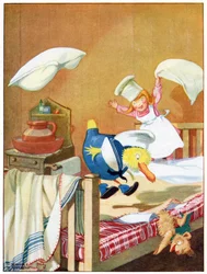 Piechurzy gonili się po łóżkach, ilustracja z „Domu Josephine Keeps” opublikowanego przez Blackie & Co.