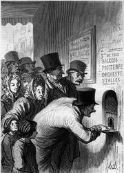 Okno teatralne. Karykatura Honore Daumiera (1808-1879). Grawer w „”Le Monde Illustré””n°269 z dnia 7 czerwca 1862 r.