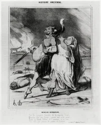 Historia starożytna: zwycięzca Menelas, karykatura ilustrująca fragment Iliady Homera: „Na zadymionych wałach wspaniałej Troi Menelas, syn bogów, niczym bogata zdobycz, gwałci swoją blond Helenę i zabiera ją na dwór Więcej piękny niż kiedykolwiek