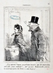 Grafika: Honore Daumier (1808-1879) Charivari: Serie FARIBOLES „” – Czy mógłbyś znaleźć uczciwy pretekst do nawiązania rozmowy z tą młodą modelką?... Ach! Jestem... panienko, muszę położyć kwiaty na kapeluszu!” MUZEUM SZTUK PIĘKNYCH - PAŁAC LONGCHAMP, MARS