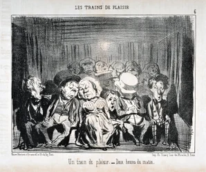 Grafika Honore Daumiera (1808-1879) Charivari pochodzi z 1852 roku: Serie LES TRAINS DE PLAISIR - Pociąg przyjemności. - Druga w nocy. MUZEUM SZTUK PIĘKNYCH - PAŁAC LONGCHAMP, MARSEILLE