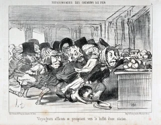 Grafika: Honore Daumier (1808-1879) Charivari data z 1852 r.: Serie PHYONOMIES DES CHAIN ​​DE FERR Głodni podróżnicy pędzący do bufetu na stacji MUSEE DES BEAUX ARTS - PALAIS LONGCHAMP, MARSEILLE