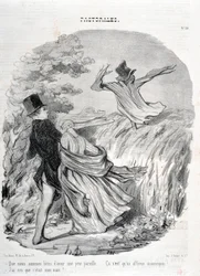 Grafika: Honore Daumier (1808-1879). Charivari pochodzi z 1845 roku: Serie PASTORALES „” Jak dobrze jesteśmy mieć taki strach… „Myślałem, że to mój mąż!” MUZEUM SZTUK PIĘKNYCH - PAŁAC LONGCHAMP, MARSEILLE