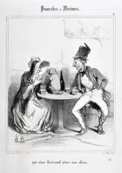 Grafika: Honore Daumier (1808-1879). Charivari pochodzi z 1840 roku: Serie PROVERBS ET MAXIMES „”, który kocha Bertranda, kocha swojego psa”” MUSEE DES BEAUX ARTS - PALAIS LONGCHAMP, MARSEILLE