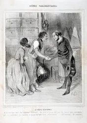 Grafika: Honore Daumier (1808-1879). Charivari pochodzi z 1843 roku: Seria SCENY PARLAMENTARNE. Wizyta wyborcza. MUZEUM SZTUK PIĘKNYCH - PAŁAC LONGCHAMP, MARSEILLE