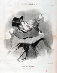 Grafika: Honore Daumier (1808-1879). Charivari pochodzi z 1845 roku: Serie LES BEAUX DAYS DE LA VIE. Połączenie spółek - Upadek wspólników. MUZEUM SZTUK PIĘKNYCH - PAŁAC LONGCHAMP, MARSEILLE