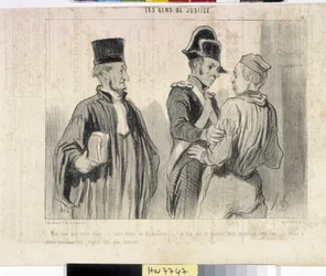 Grafika: Honore Daumier (1808-1879). Charivari pochodzi z 1845 roku: Serie LES PEANS DE SPRAWIEDLIWOŚCI. „” -Moja droga, czego chcesz… mieliśmy nieszczęście… tym razem nie mogłem udowodnić twojej niewinności… ale przy następnym locie mam nadzieję, że będę 