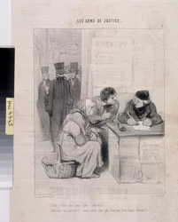 Grafika: Honore Daumier (1808-1879). Charivari pochodzi z 1845 roku: Serie LES PEANS DE SPRAWIEDLIWOŚCI. „Czy musisz napisać list, żeby był czuły? - Zajmuję się komornikiem! Nie jesteś Francuzem, mój dobry człowieku? Przyciemnij 37,5x28. Wyciąg z gazety Le