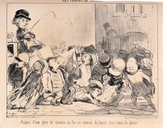 Grafika: Honore Daumier (1808-1879). Charivari pochodzi z 1852 r.: Serie LES TRAINS DE PLAISURE Pojawienie się stacji kolejowej w momencie odjazdu pociągu wycieczkowego MUSEE DES BEAUX ARTS - PALAIS LONGCHAMP, MARSEILLE