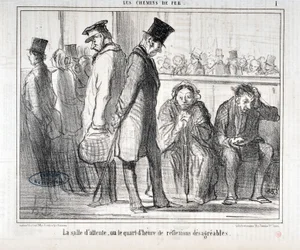 Grafika: Honore Daumier (1808-1879). Charivari pochodzi z 1855 roku: Serie LES Chemins de fer „”Poczekalnia lub kwadrans nieprzyjemnych refleksji”””MUSEE DES BEAUX ARTS – PALAIS LONGCHAMP, MARSEILLE