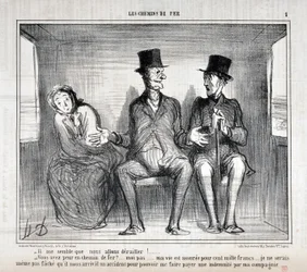Grafika: Honore Daumier (1808-1879). Charivari pochodzi z 1857 roku: Serie LES RAILWAYS „” Wydaje mi się, że się wykoleimy!... Boisz się na kolei?... ja nie... moje życie jest ubezpieczone na sto tysięcy franków... nie chcę się nawet martwić