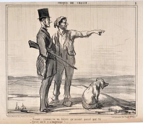 Grafika: Honore Daumier (1808-1879) Charivari pochodzi z 1857 roku: Serie sketches de chasseur „” Hold… Widziałem port, który miał nad… – Czy to już dawno?…”” MUZEUM SZTUKI PIĘKNE - PAŁAC LONGCHAMP, MARSEILLE