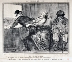 Grafika: Honore Daumier (1808-1879). Charivari pochodzi z 1858 roku: Serie LES RAILWAYS By Railroad „” -Więc nie patrz tak przez drzwi, nieszczęście nadchodzi tak szybko!... „Co mnie to obchodzi, skoro jestem ubezpieczony od wypadków na kolej