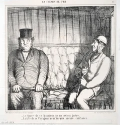 Grafika: Honore Daumier (1808-1879). Charivari pochodzi z 1864 roku: Serie LES CHAINS DE RAILWAY „” – Postać tego pana już mi nie przypomina. - głowa tego podróżnika budzi we mnie brak zaufania””” MUZEE DES BEAUX ARTS - PALAIS LONGCHAMP, MARSE