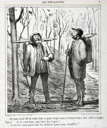 Grafika: Honore Daumier (1808-1879). Charivari pochodzi z 1864 r.: Serie LES LANDSAGISTS „” – Powiedziano nam, żebyśmy przyjechali do tego kraju i że znajdziemy piękne drzewa… są dobre do robienia pedałów!… „Gdybyśmy mogli ich użyć do ogrzania nas!. ..” MU