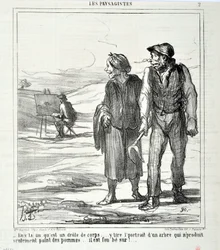 Grafika: Honore Daumier (1808-1879). Charivari pochodzi z 1864 roku: Serie LES LANDSAGISTS „” – W tym, który jest zabawnym ciałem… rysuje portret drzewa, które nie produkuje tylko jabłek… szaleje za nim!…” MUZEUM SZTUK PIĘKNYCH - PAŁAC LONGCHAMP,