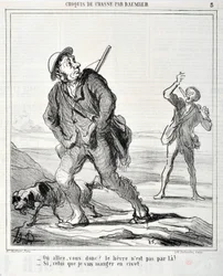 Grafika autorstwa Honore Daumiera (1808-1879) Charivari pochodzi z 1864 roku: Serie Sketch de Chasse „” Ou va donc? Zająca tam nie ma! - Jeśli ten, który zjem w cywecie”” MUSEE DES BEAUX ARTS – PALAIS LONGCHAMP, MARSEILLE