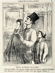 Dzieło Honoré Daumiera (1808-1879). Charivari z 1865: Seria CRUQUIS PAUIT AU SALON. Przed obrazem Maneta: „Dlaczego, u diabła, ta wielka czerwona kobieta w koszuli nazywa się Olimpia? - Ale mój przyjacielu, może tak nazywa się czarny kot?” MUS