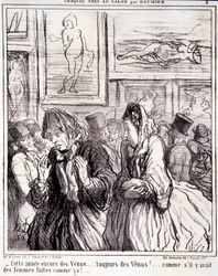 Grafika: Honore Daumier (1808-1879). Charivari pochodzi z 1865 roku: Serie Sketches Wykonane na Salonie- „” W tym roku ponownie Wenus… zawsze Wenus!… jakby były kobiety stworzone w ten sposób!” Wyciąg z gazety „Le Charivari” Wymiary: 28x28cm. Inv