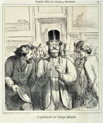 Grafika: Honore Daumier (1808-1879). Charivari pochodzi z 1865 roku: Serie Sketches Taken at the Salon La promenade du Critique wpływowe MUSEE DES BEAUX ARTS - PALAIS LONGCHAMP, MARSEILLE