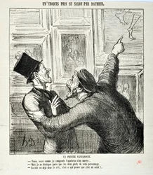 Grafika: Honore Daumier (1808-1879). Charivari pochodzi z 1865 roku: Seria szkiców zrobionych w salonie Kapryśny malarz. „Tutaj, zobacz, jak rozumiem apoteozę męczennika… „Ale widzę tylko dwie stopy twojej osoby.